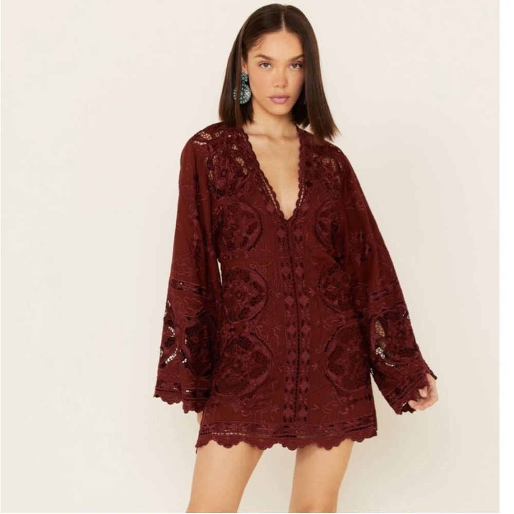 Free People Northern Lights Cutwork Mini Dress Wine Lace S NWT